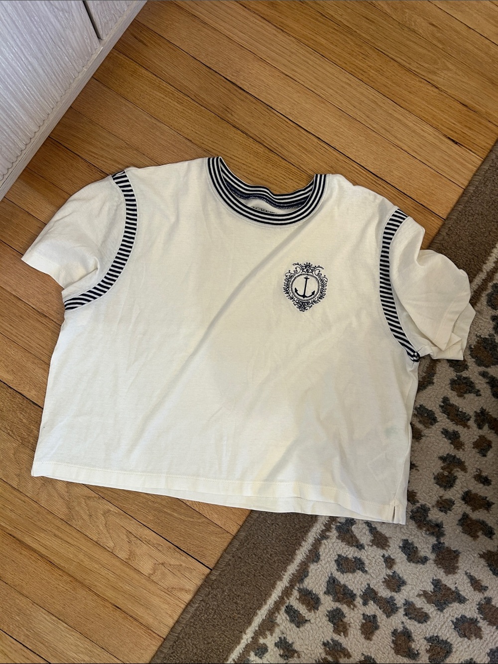 J. Crew Cream Short Sleeve Tee with Navy Stripe Trim